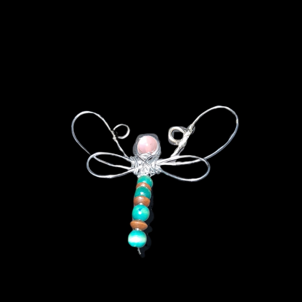Handmade Silver and Turquoise,brown, And Pink Dragonfly Pendant